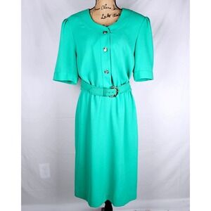 Vintage Andrea Gayle Women's Teal Green Button Front Belted Sheath Dress Size 16